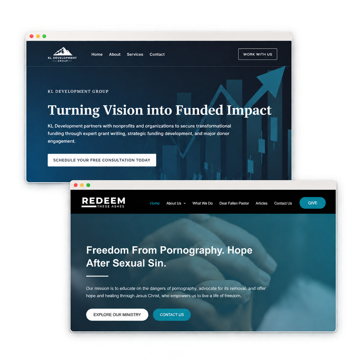 transparent overlapping browser mockups